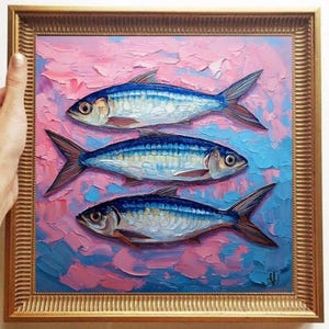 Sardine Painting ORIGINAL ART on Canvas Custom Order Textured Oil Artwork Kitchen Wall Decor Impasto  Unique Gifts for Her