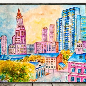 Boston Painting ORIGINAL Watercolor City Landscape Wall Art 8x11 in Personalized Gifts for her