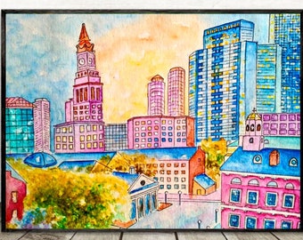 Boston Painting ORIGINAL Watercolor City Landscape Wall Art 8x11 in Personalized Gifts for her