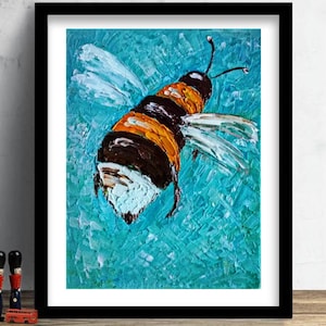 Pintura de abelha ARTE ORIGINAL Impasto Texturizado Arte em óleo Abelha Decoração de parede Presente exclusivo 8 x 6 pol