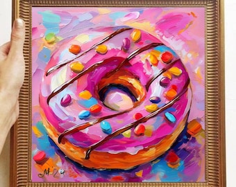 ドーナツの絵画のトレンディな壁アート、新聞紙に描かれたピンクの