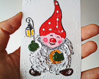 3D Art, ACEO ORIGINAL ART, Christmas Gnome, Xmas Office Decor, Small Textured Artwork 3.5 x 2.5 inches