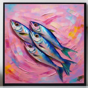 Sardine Painting ORIGINAL ART on Canvas Custom Order Textured Oil Artwork Kitchen Wall Decor Impasto  Unique Gifts for Her