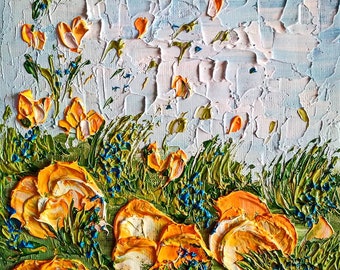 ポピーの絵画オリジナル、ポピー畑の垂直風景、オレンジ色のポピーの