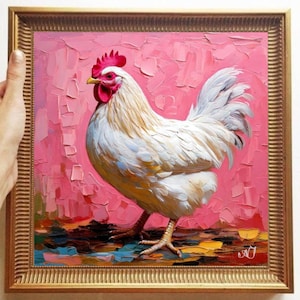Chicken Painting ORIGINAL ART on Canvas Textured Oil Artwork Animal Wall Decor Impasto Unique Gifts for Her Very Beautiful!