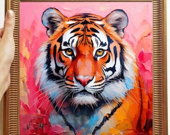 大きなオリジナル虎油絵 現代アート インパスト虎絵画 パレットナイフ