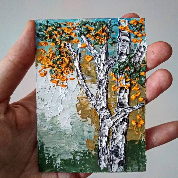 Birch Trees Art, ACEO ORIGINAL ART, Tree Aceo Cards, Small Artwork 3.5 by 2.5, Impasto Painting, Textured Artwork