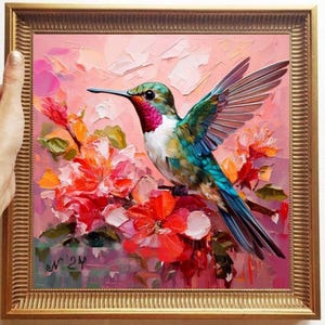 Hummingbird Painting ORIGINAL ART on Canvas Custom Order Textured Oil Artwork Animal Wall Decor Impasto Unique Gifts for Her Very Beautiful!