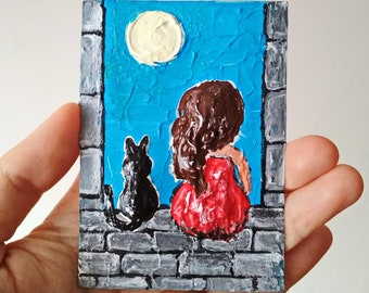 3D Art, ACEO ORIGINAL ART, Cat Painting, Small Textured Artwork 3.5 x 2.5 inches