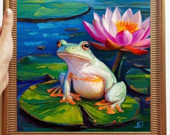 カエルの絵 キャンバスに描かれたオリジナルアート カスタムオーダー テクスチャード オイルアートワーク 動物の壁装飾 インパスト 彼女へのユニークなギフト とても美しい!