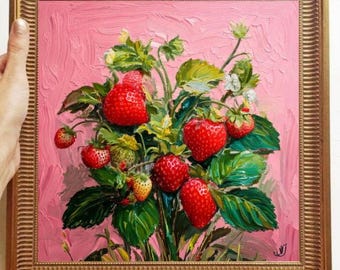 Strawberry Painting ORIGINAL ART on Canvas Textured Oil Artwork Kitchen Wall Decor Impasto Unique Gifts for Her