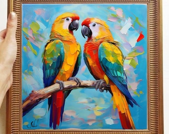 ジャングルの沼地の果樹の中の美しい野生のオウム - 高品質の手描きの