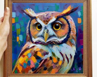 Owl Painting ORIGINAL ART on Canvas Textured Oil Artwork Animal Wall Decor Impasto Unique Gifts for Her Very Beautiful!