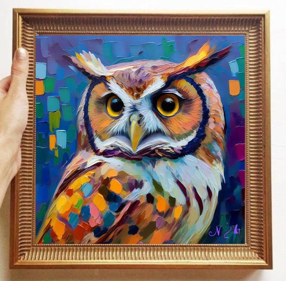 フクロウの絵画、キャンバスに描かれたオリジナルアート、質感のある