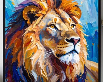 手作り印象派ライオン油絵 - 太陽の冠、カラフルな野生動物動物の壁