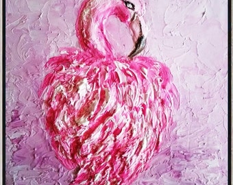Flamingo Art ORIGINAL PAINTING Flamingo Wall Art 3D Impasto Painting 4x4 in Textured Artwork  Unique Gifts for her