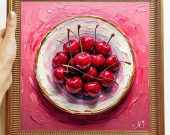 Pintura de cerezas ARTE ORIGINAL sobre lienzo Pedido personalizado Obra de arte al óleo texturizada Decoración de pared de cocina Impasto