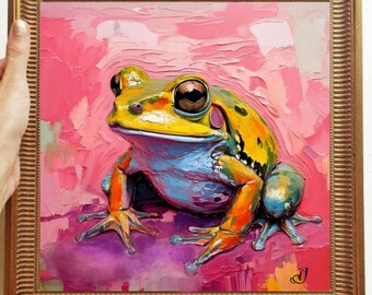 カエルの絵 キャンバスに描かれたオリジナルアート カスタムオーダー テクスチャードオイルアートワーク 動物の壁飾り インパスト