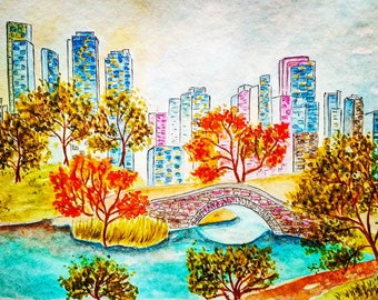Wandbild Freiheitsstatue New York – Aquarell Auf Leinwand, Eichenholzrahmen 40,6 X 50,8 Cm, Modernes Wanddekor In Beige-Blau