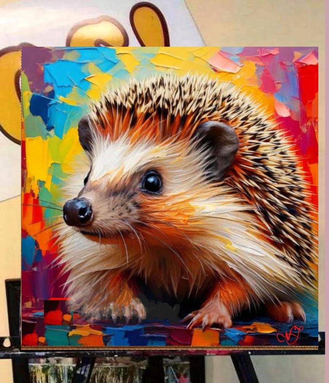 ハリネズミの絵画 キャンバスに描かれたオリジナルアート テクスチャー