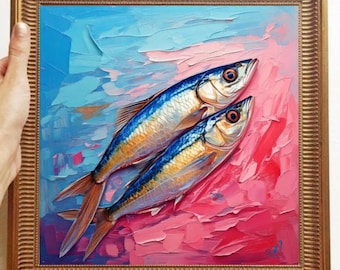 Sardine schilderij ORIGINELE KUNST op canvas aangepaste Oder getextureerde olie kunstwerk keuken muur decor Impasto unieke cadeaus voor haar