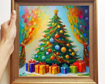 May include: An oil painting in a gold frame depicting a Christmas tree decorated with colorful ornaments and a yellow star topper. Beneath the tree are several wrapped gift boxes in various colors, set against a background of abstract curtains.