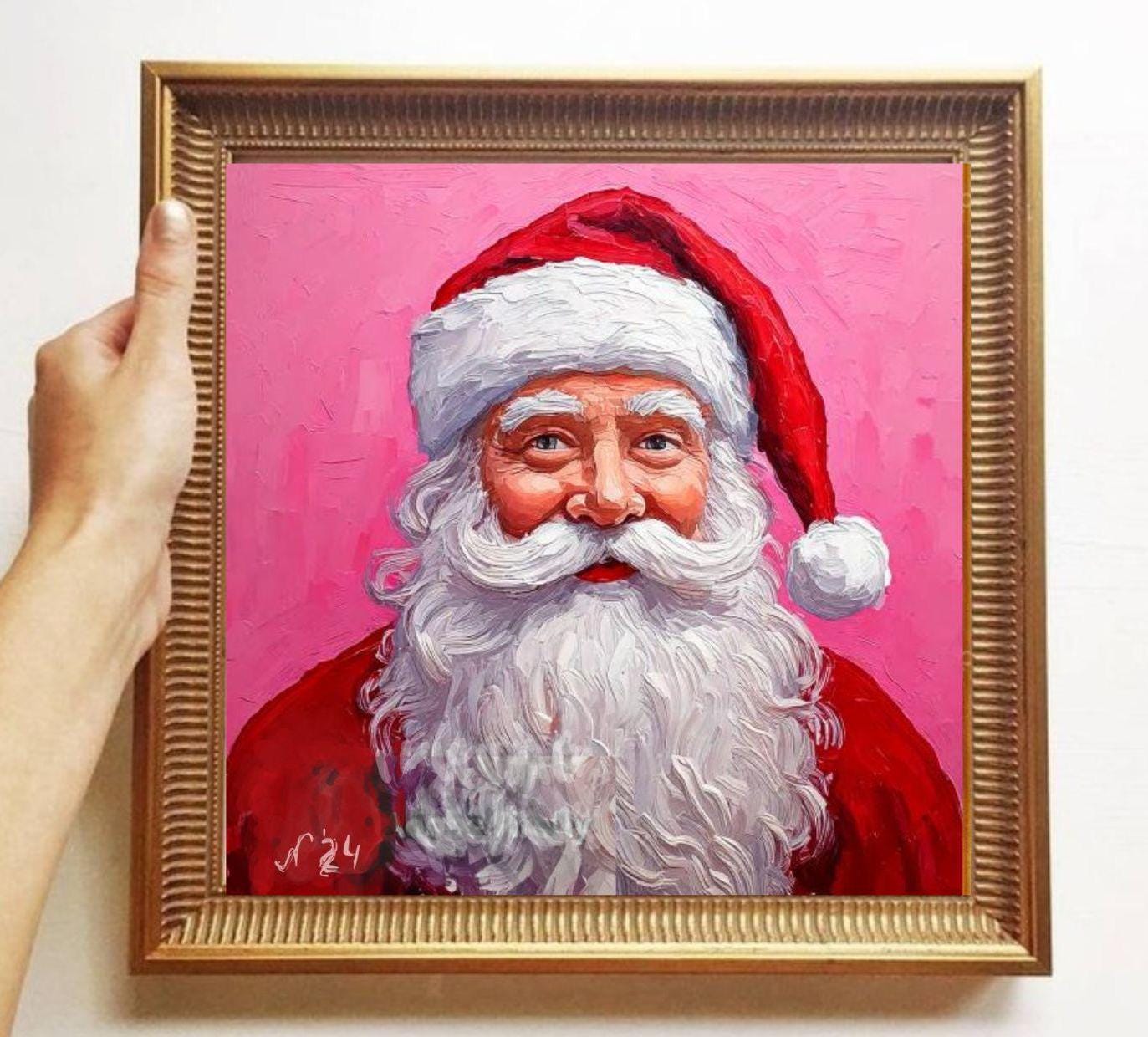 サンタの絵画 キャンバスに描かれたオリジナルアート テクスチャ加工の