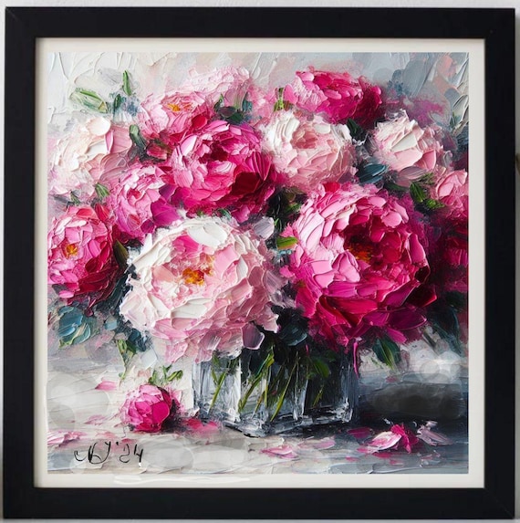 Peonies Painting ORIGINAL ART on Canvas Custom Order Textured Oil Artwork Impasto Personalized gifts Very Beautiful!