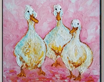 Geese ORIGINAL Painting Textured Oil Artwork Impasto 8x8 in Kitchen Wall Decor Unique Gifts for her Very Beautiful !