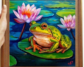 カエルの絵 キャンバスに描かれたオリジナルアート カスタムオーダー テクスチャードオイルアートワーク 動物の壁飾り インパスト