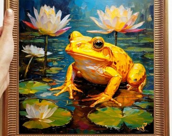 カエルの絵 キャンバスに描かれたオリジナルアート カスタムオーダー テクスチャード オイルアートワーク 動物の壁装飾 インパスト 彼女へのユニークなギフト とても美しい!