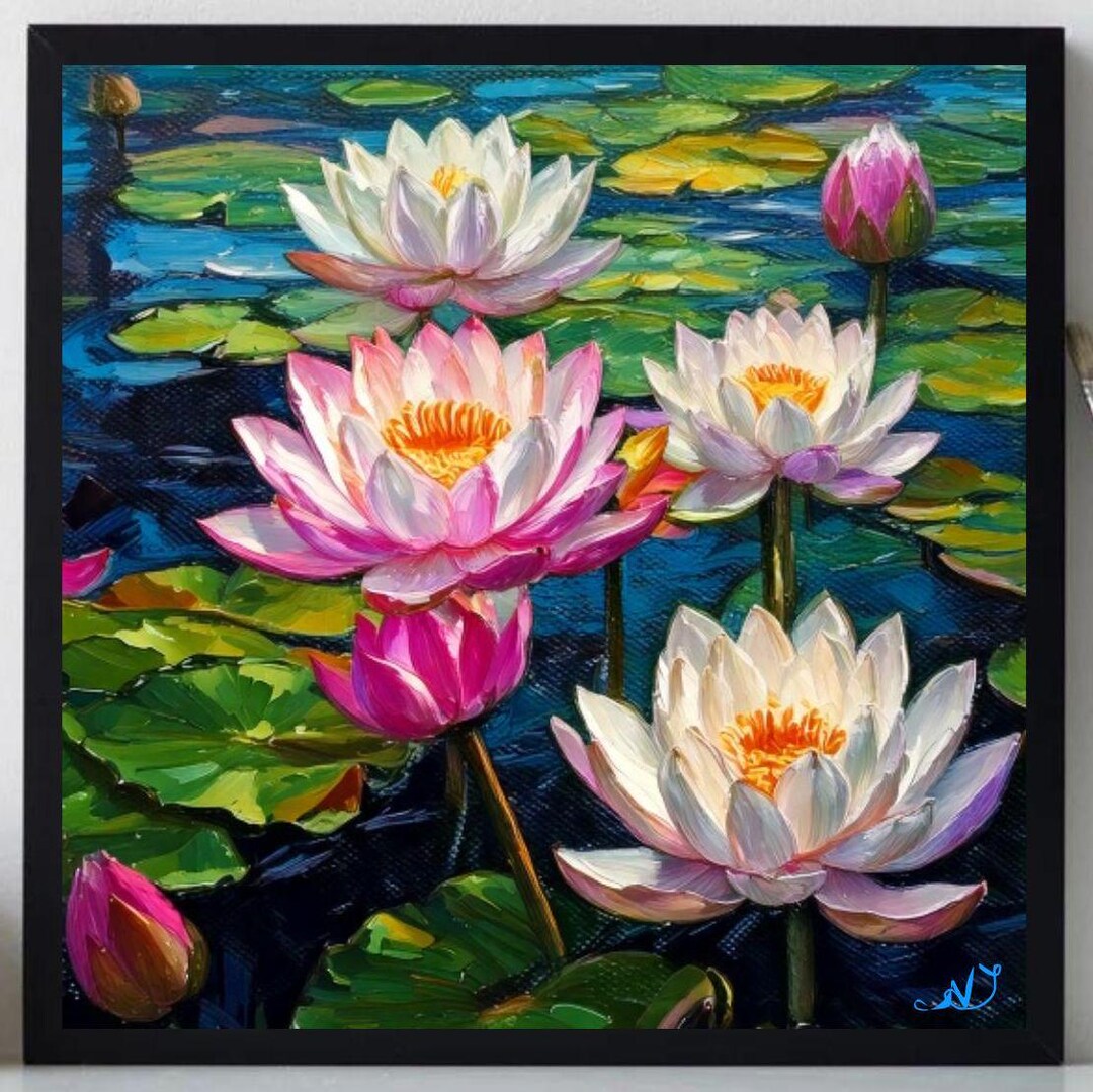 Water Lilies Painting ORIGINAL ART on Canvas Lotuses Textured Oil ...