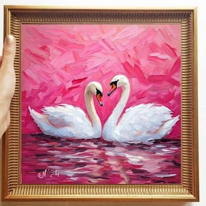 Swans Painting ORIGINAL ART on Canvas Custom Order Textured Oil Artwork Animal Wall Decor Impasto Unique Gifts for Her Very Beautiful!