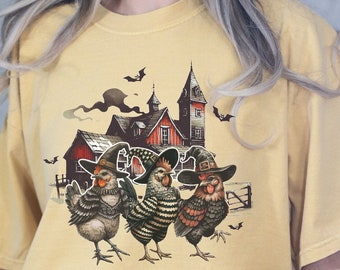 T-shirt d'Halloween Poussins de sorcière, Chemise couleurs confort, Chemise d'Halloween, Cadeau pour amateur de poulet, T-shirt de fermier, Chemise d'automne