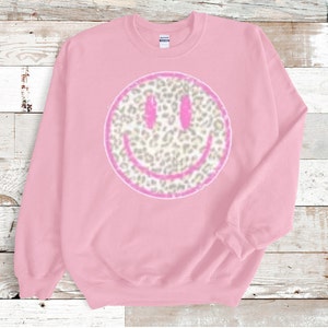 Pink Smile Sweatshirt, Crewneck sweatshirt, Graphic Sweatshirt, Leopard print, Gift for Her