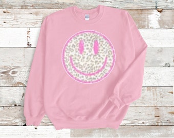 Pink Smile Sweatshirt, Crewneck sweatshirt, Graphic Sweatshirt, Leopard print, Gift for Her