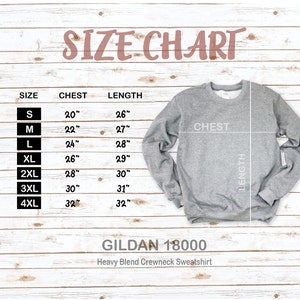 Op de afbeelding: Maattabel voor een Gildan 18000 heavy blend crewneck sweatshirt. De tabel toont maten van S tot 4XL met bijbehorende borst- en lengtemaat in inches.