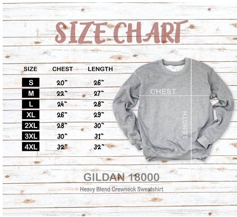 Op de afbeelding: Maattabel voor een Gildan 18000 heavy blend crewneck sweatshirt. De tabel toont maten van S tot 4XL met bijbehorende borst- en lengtemaat in inches.
