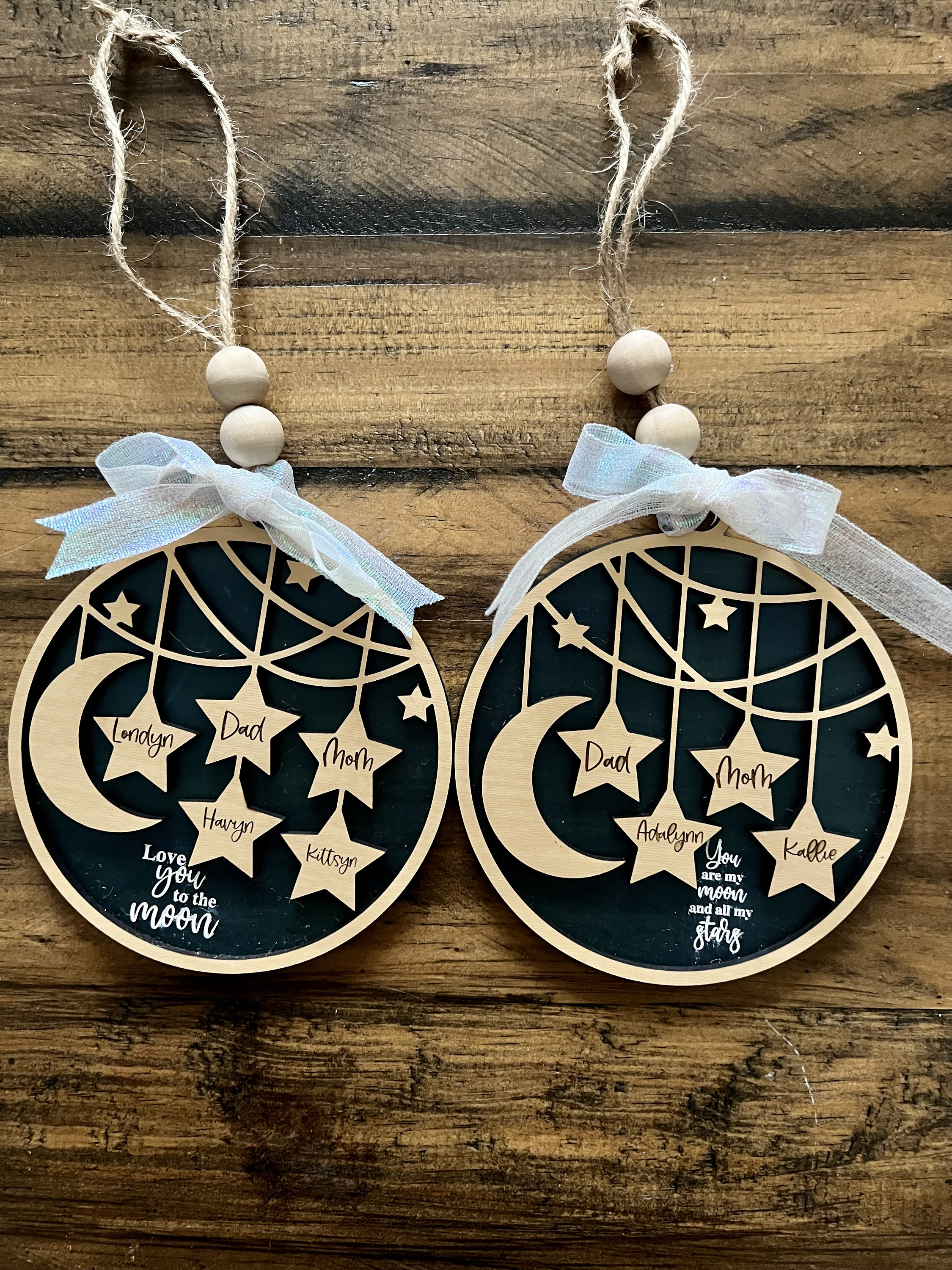 Custom Christmas Family Ornament, Moon and Stars Ornament, Laser Cut and Engraved Custom Ornament, Grandparent Gift, Personalized Ornament