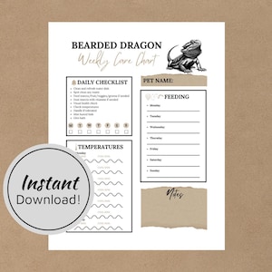 Peut inclure: Tableau de soin imprimable pour dragon barbu avec une illustration en noir et blanc d'un dragon barbu. Le tableau comprend des sections pour la liste de contrôle quotidienne, l'alimentation, les températures et les notes.