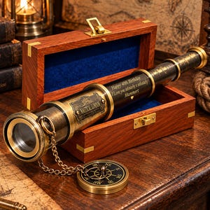 Puede incluir: Un telescopio náutico de latón y metal oscuro con una brújula unida por una cadena, con el texto grabado "NAUTICAL LONDON" y "Happy 40th Birthday I love you infinitely x infinitely Mammert". Descansa en una caja de madera con forro azul.