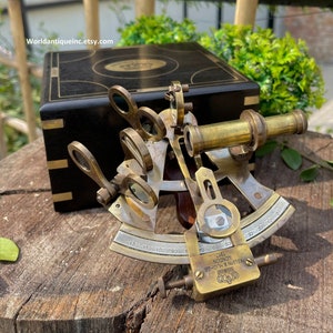 Engraved Brass Sextant with Wooden Box: Antique Maritime Navigational Instrument