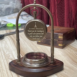 Clock with Working Compass, Personalized Engraved Antique Table Clock, Couple Anniversary Gift for Husband, Christmas Gift, Desk clock
