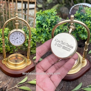 Engraved Brass Table Clock with Compass: Personalized Antique Desk Watch