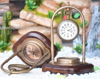 Horloge boussole personnalisée en laiton antique : montre de bureau gravée