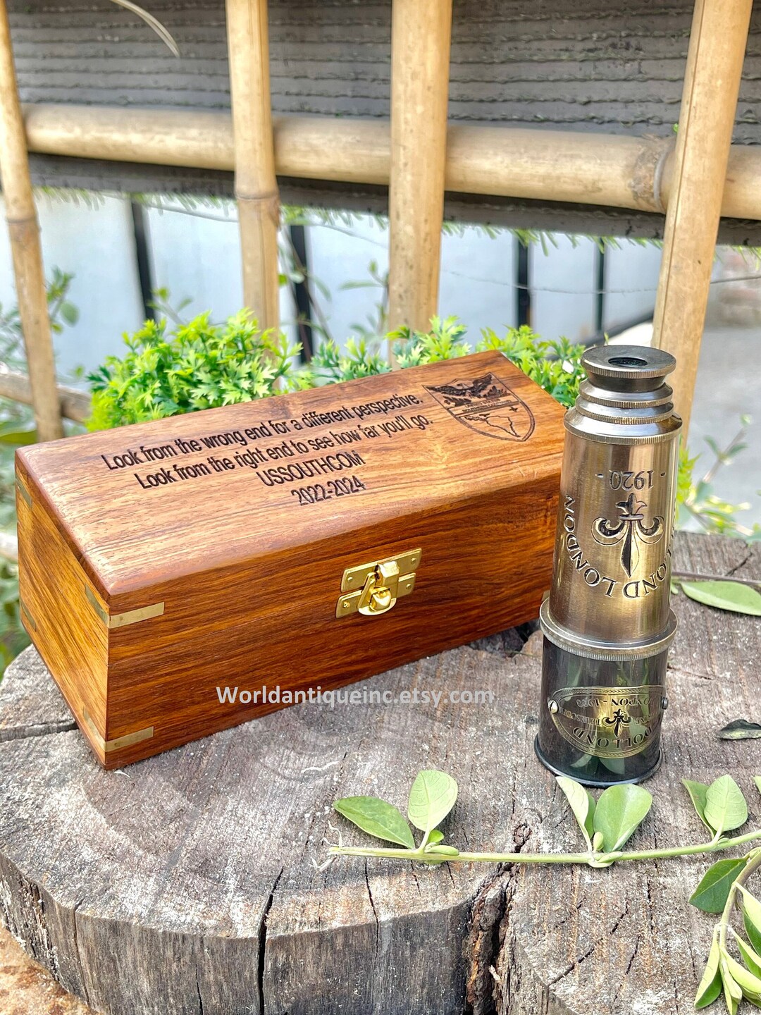Vintage Brass Pirate Spyglass Telescope With Engraved Wooden Box – 15" Extendable, Nautical Decor & Explorer Gift