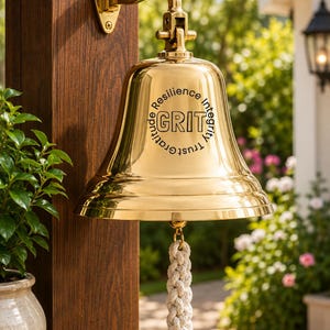 May include: A polished brass bell mounted on a wooden post with a braided white rope pull. The bell features the word GRIT in large letters surrounded by the words Resilience, Integrity, Trust, and Gratitude engraved on the surface.