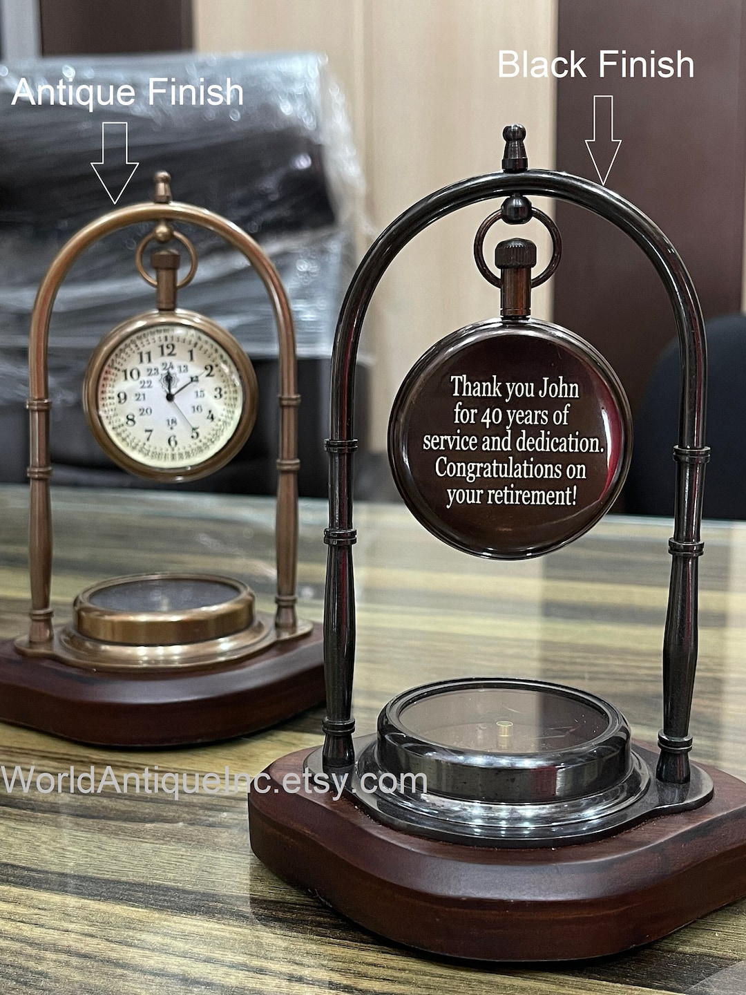 Personalized Clock With Engraved Working Compass, Antique Table Clock ...