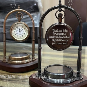 Personalized Clock with Engraved Working Compass, Antique Table Clock, Couple Anniversary Gift for Husband, Christmas Gift, Desk clock
