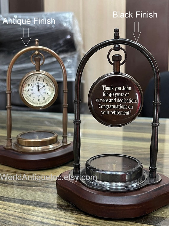 Personalized Clock with Engraved Working Compass, Antique Table Clock, Couple Anniversary Gift for Husband, Christmas Gift, Desk clock